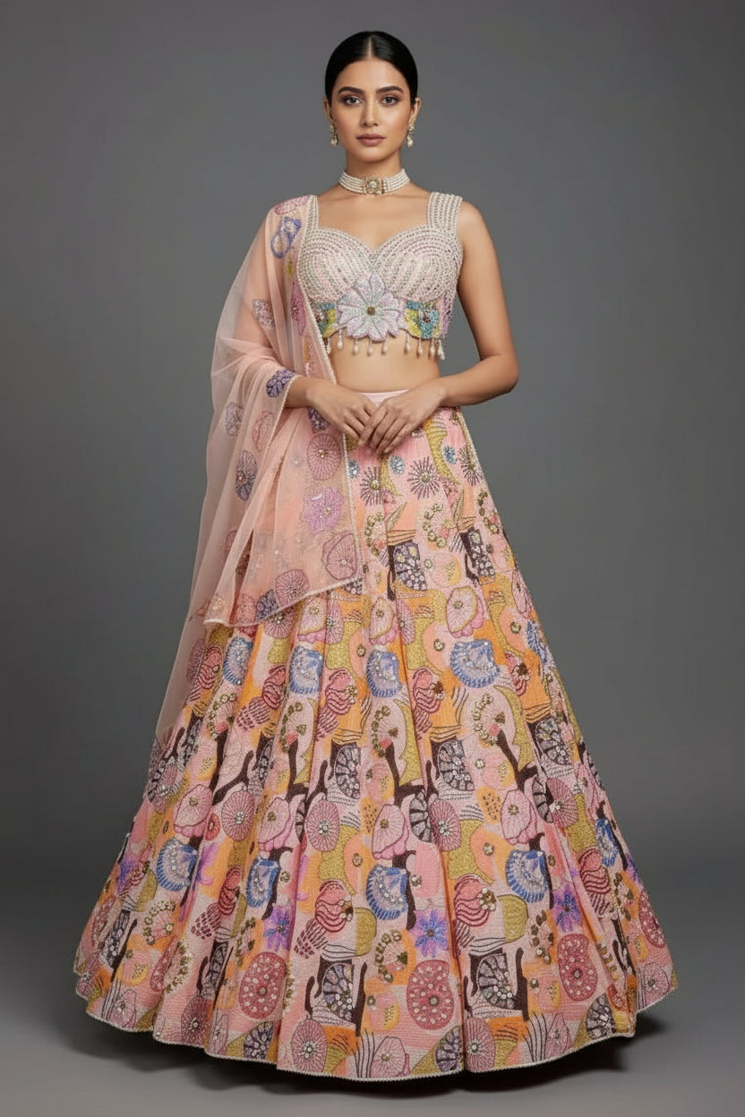 Pink and Multi Colored Chinon Sequin and Floral Printed Lehenga - red saree