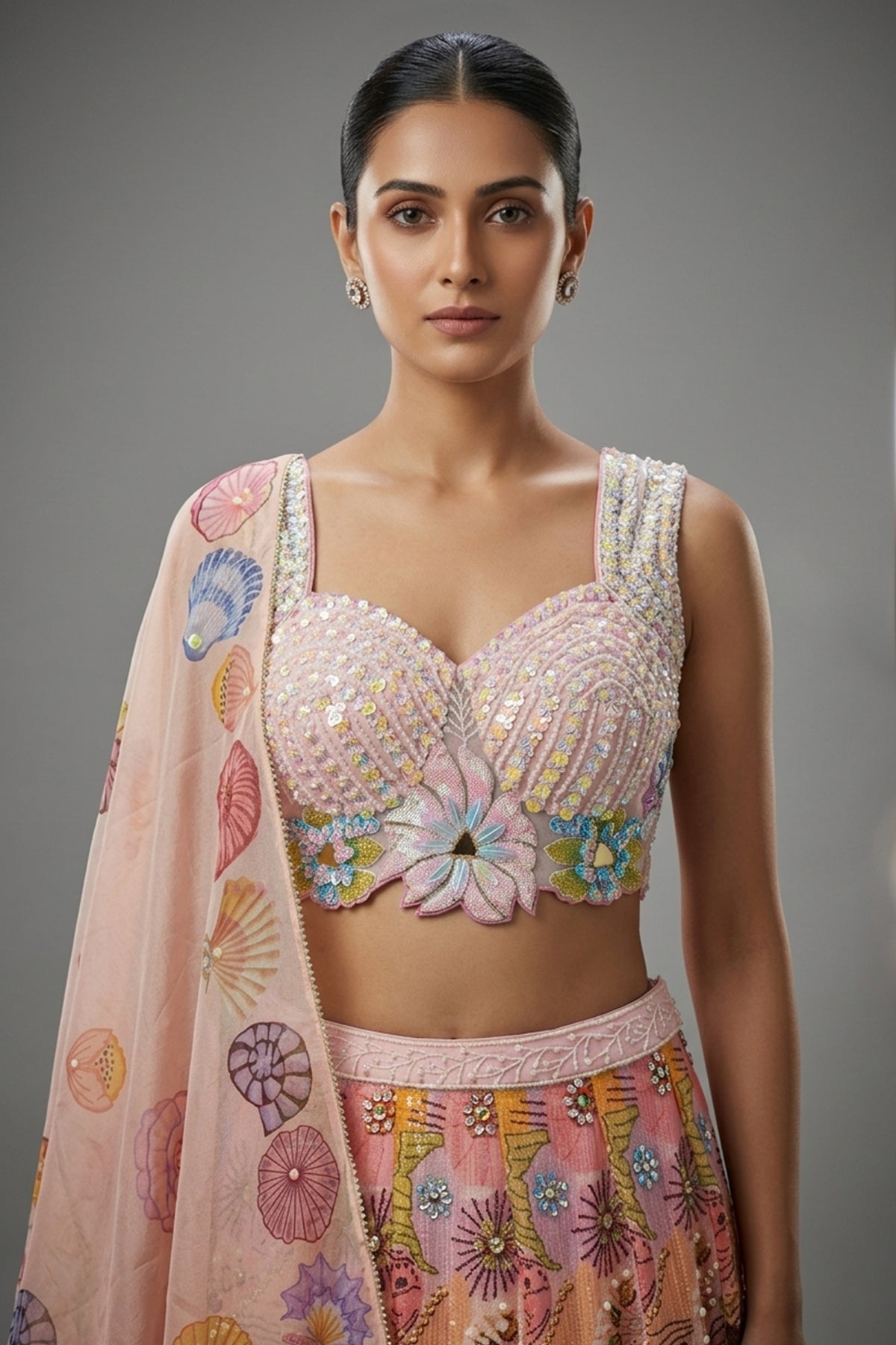 Pink and Multi Colored Chinon Sequin and Floral Printed Lehenga - red saree