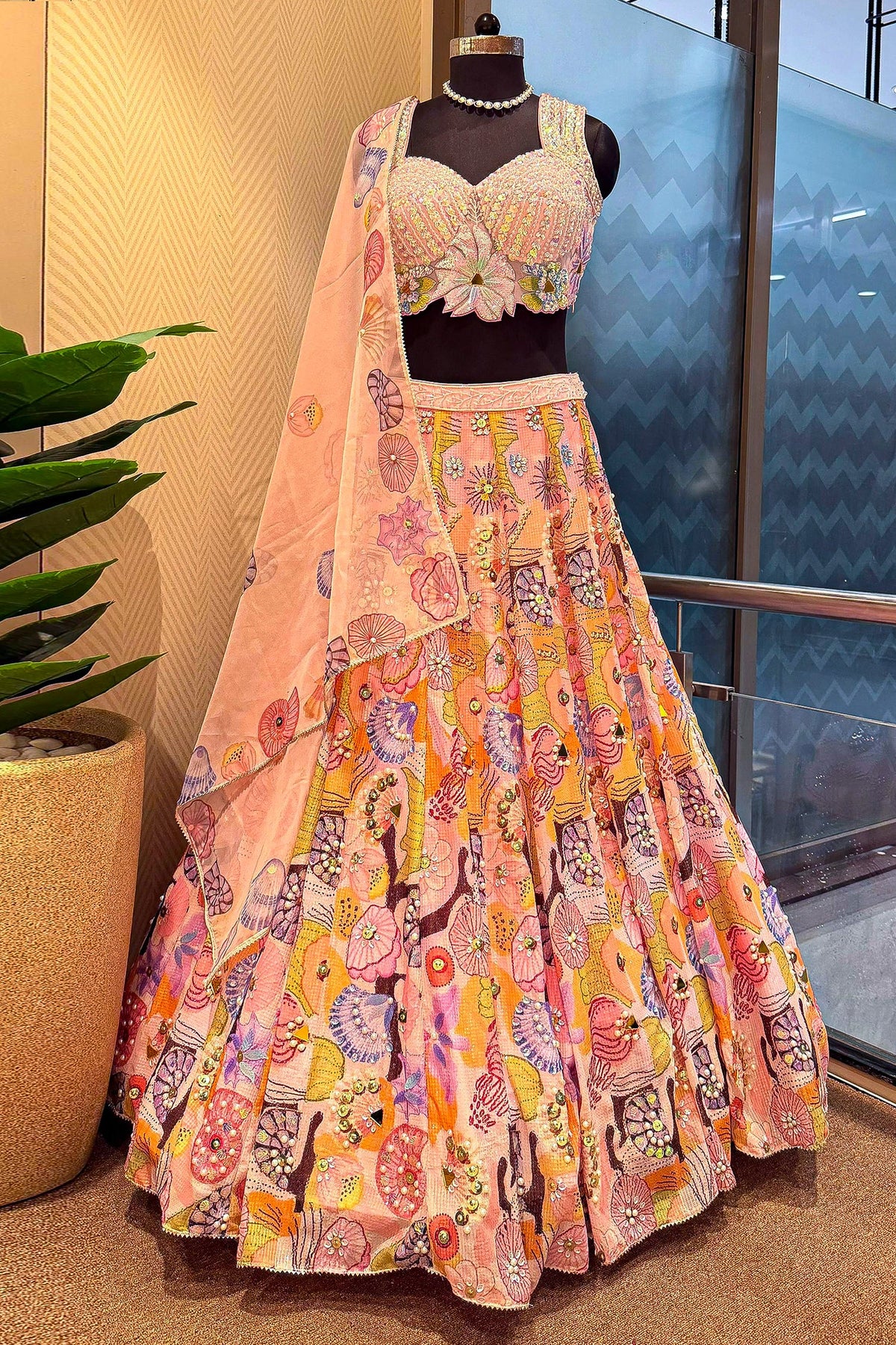 Pink and Multi Colored Chinon Sequin and Floral Printed Lehenga - red saree