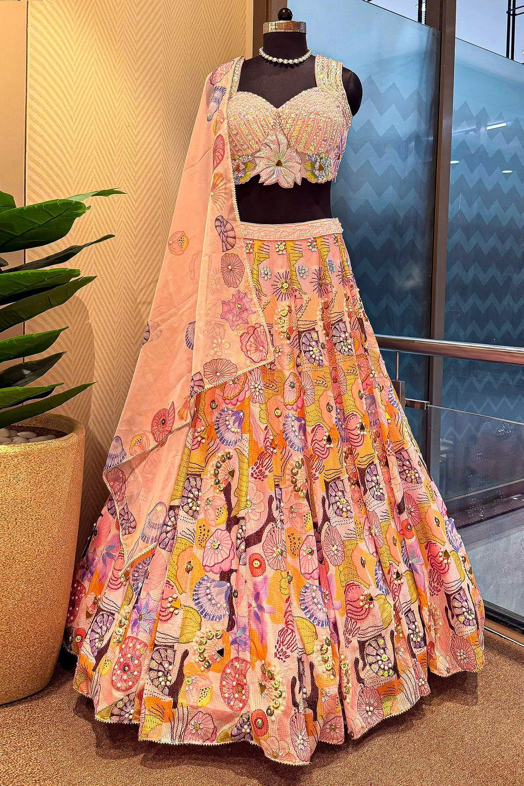 Pink and Multi Colored Chinon Sequin and Floral Printed Lehenga - red saree