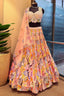 Pink and Multi Colored Chinon Sequin and Floral Printed Lehenga - red saree