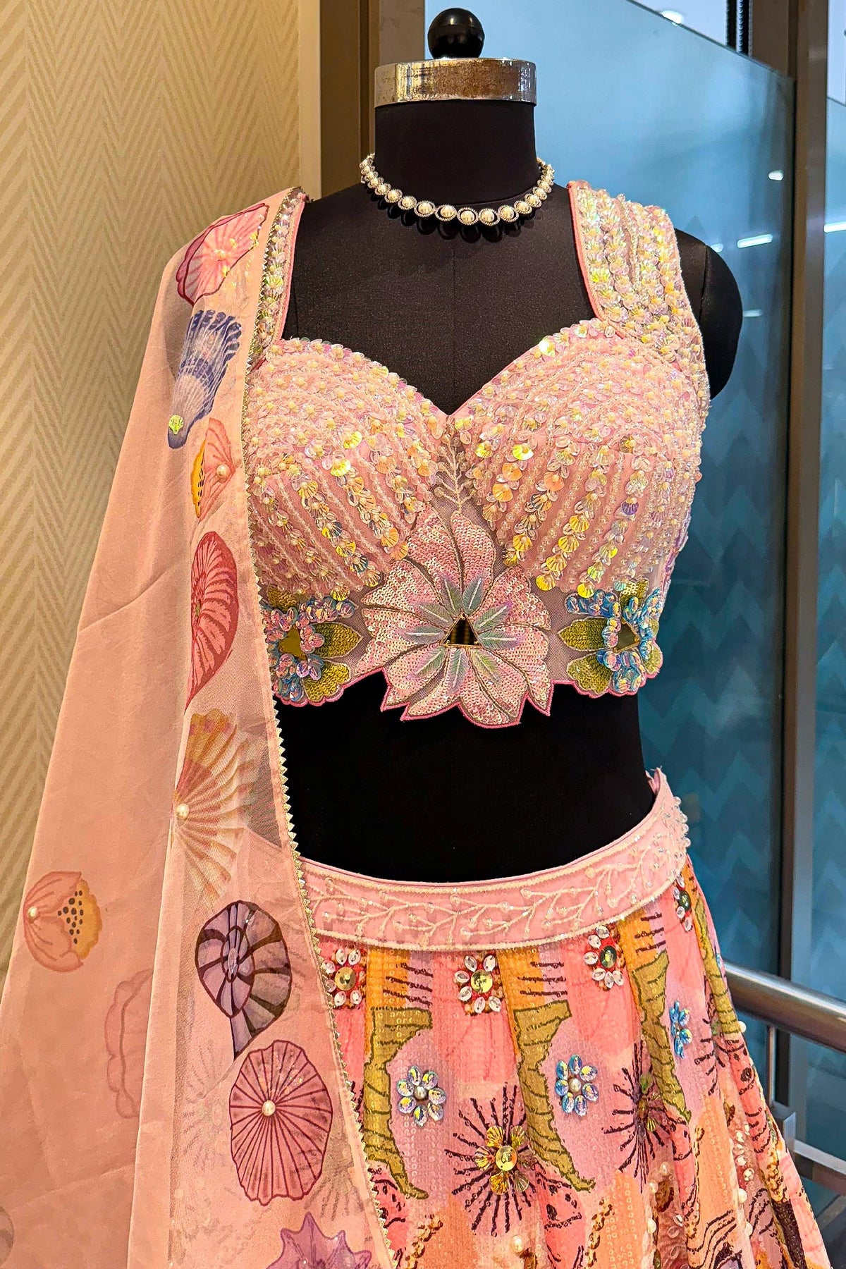 Pink and Multi Colored Chinon Sequin and Floral Printed Lehenga - red saree