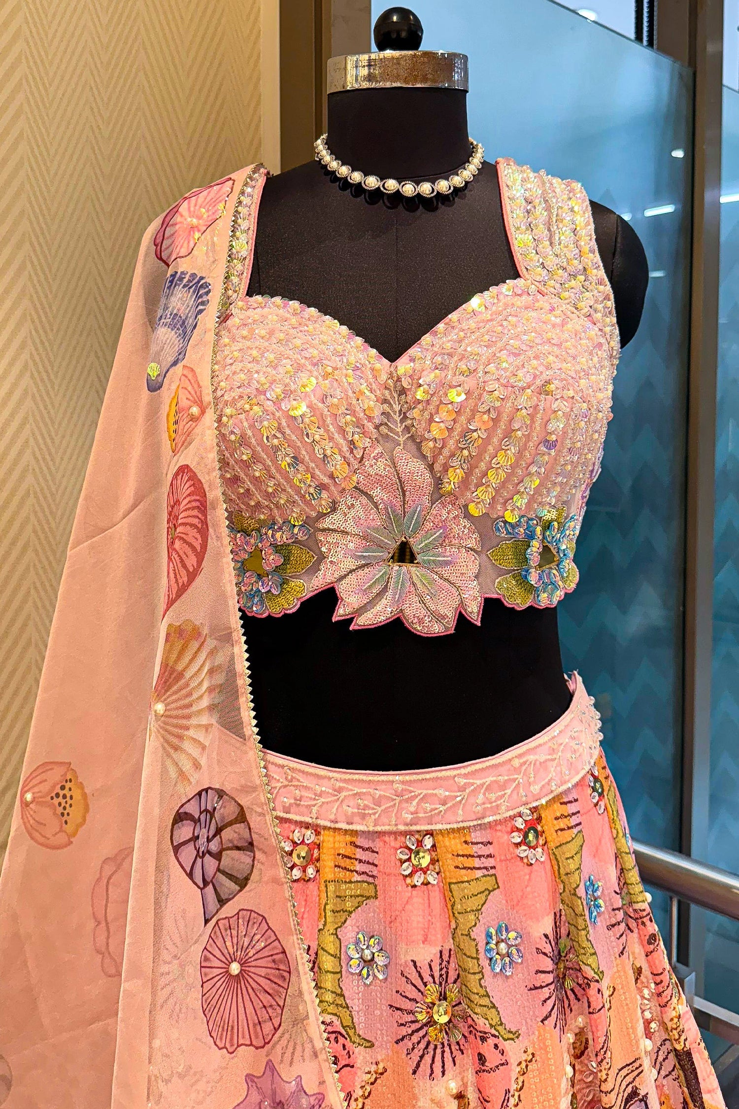 Pink and Multi Colored Chinon Sequin and Floral Printed Lehenga - red saree