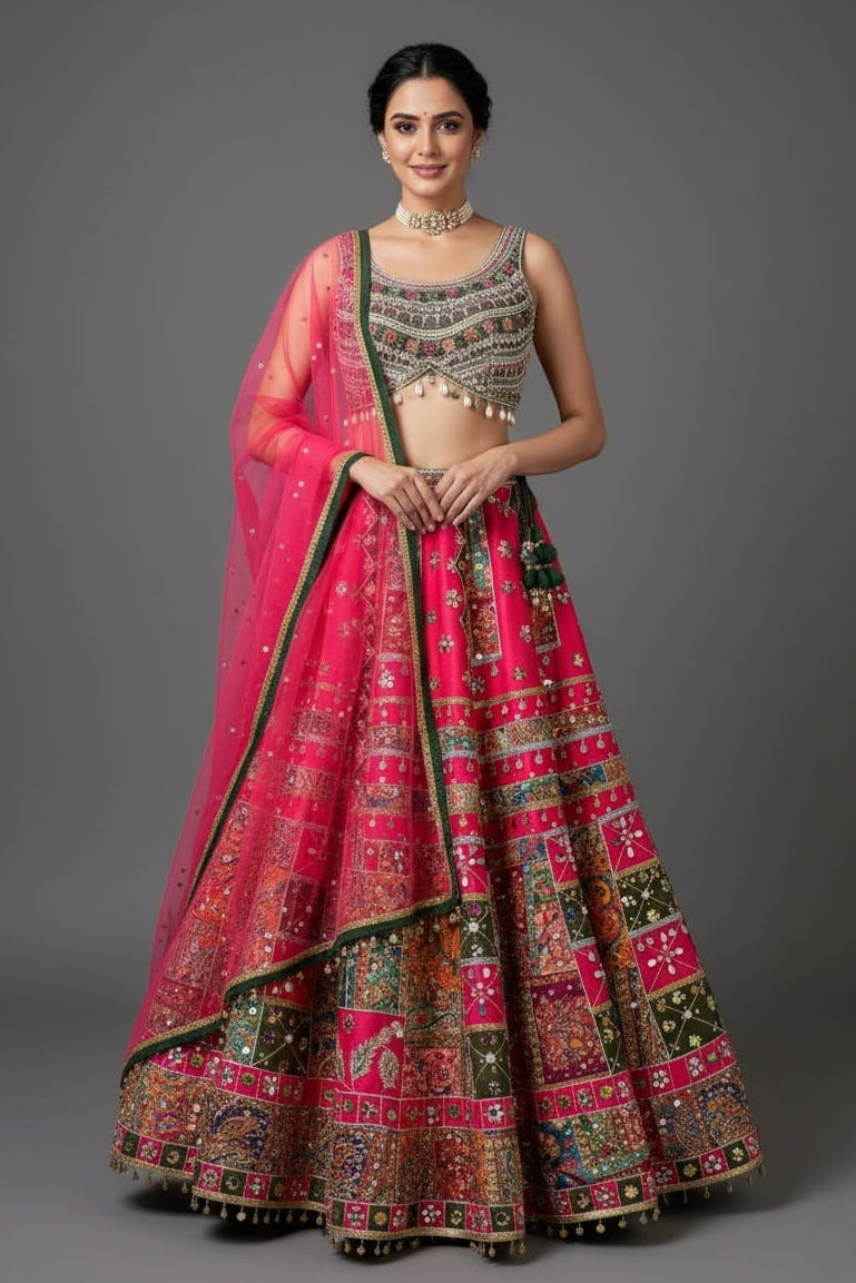 Rani Pink Raw Silk Kalamkari Printed Lehenga with Beads and Applique Work - pink silk saree kalamkari Main image