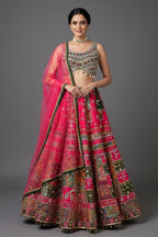 Rani Pink Raw Silk Kalamkari Printed Lehenga with Beads and Applique Work - pink silk saree kalamkari