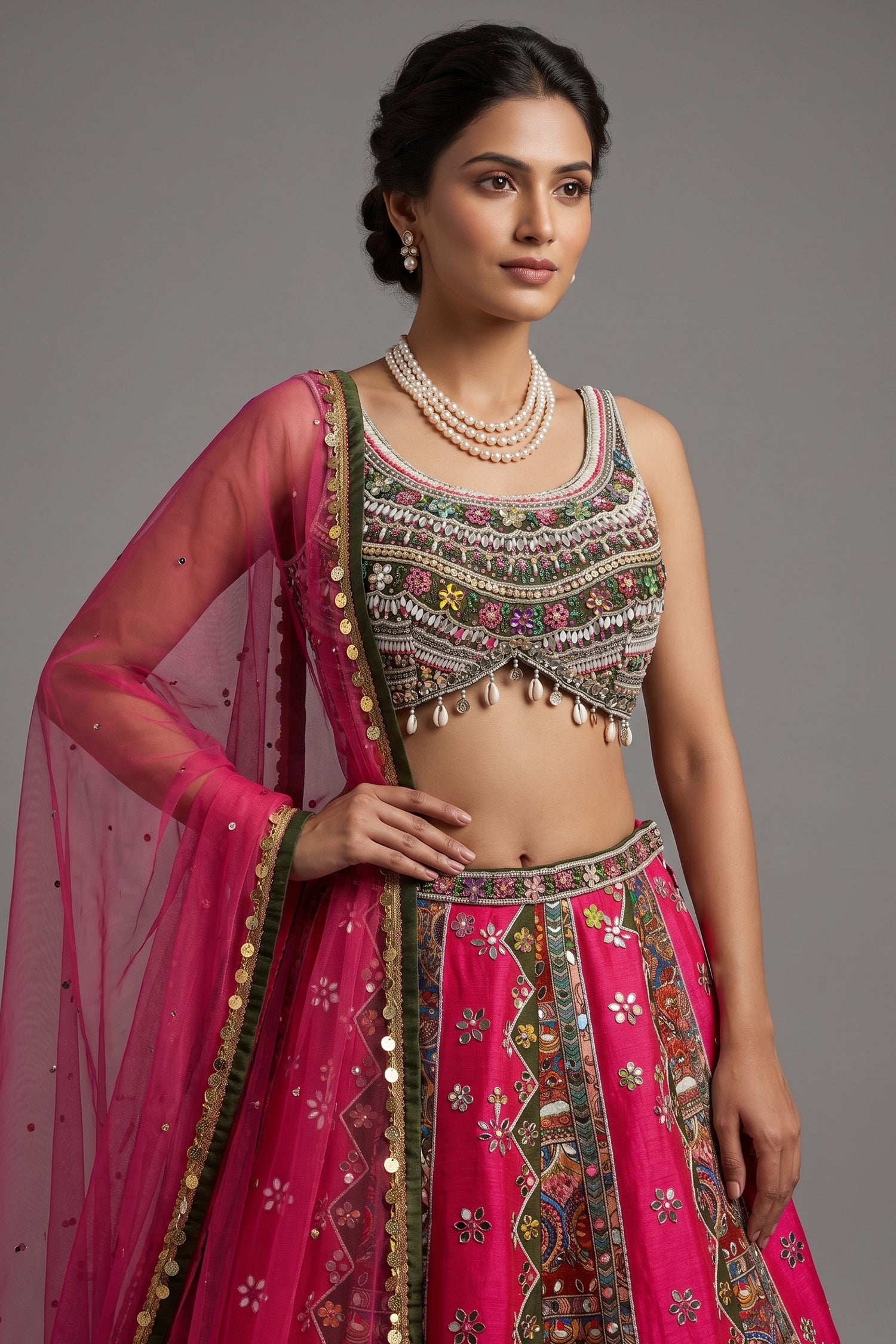 Rani Pink Raw Silk Kalamkari Printed Lehenga with Beads and Applique Work Secondary image
