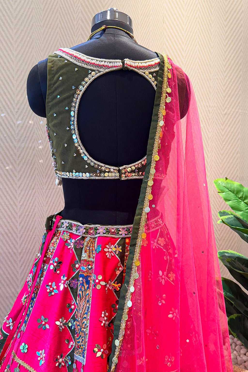 Rani Pink Raw Silk Kalamkari Printed Lehenga with Beads and Applique Work - pink silk saree kalamkari