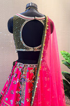 Rani Pink Raw Silk Kalamkari Printed Lehenga with Beads and Applique Work - pink silk saree kalamkari
