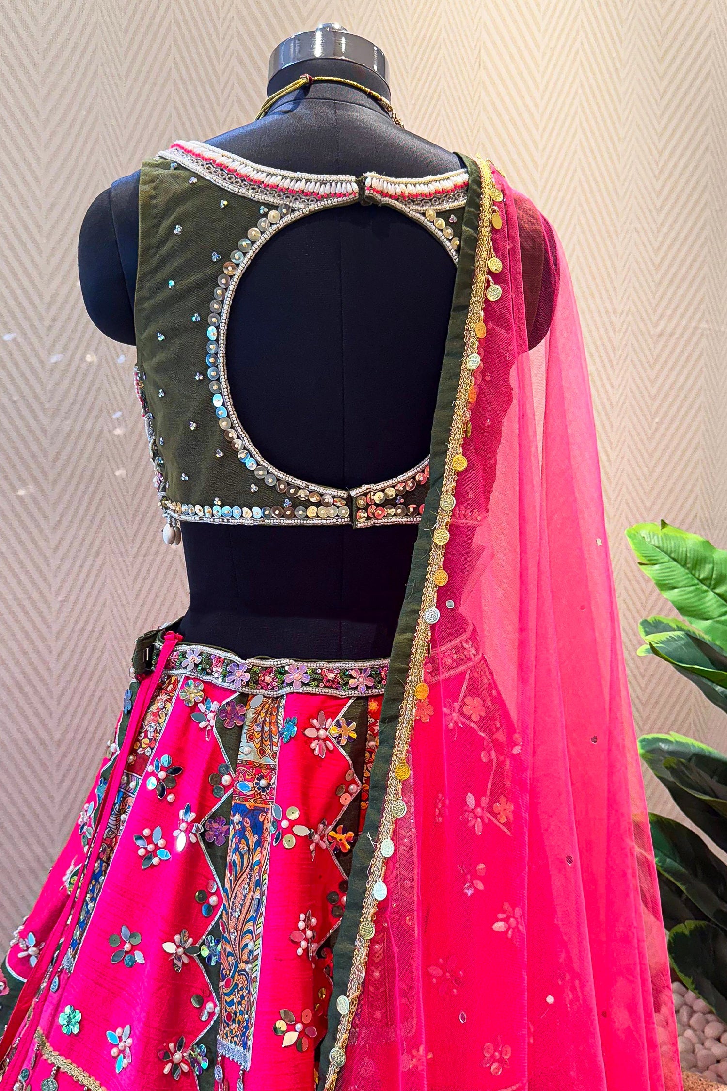 Rani Pink Raw Silk Kalamkari Printed Lehenga with Beads and Applique Work - pink silk saree kalamkari