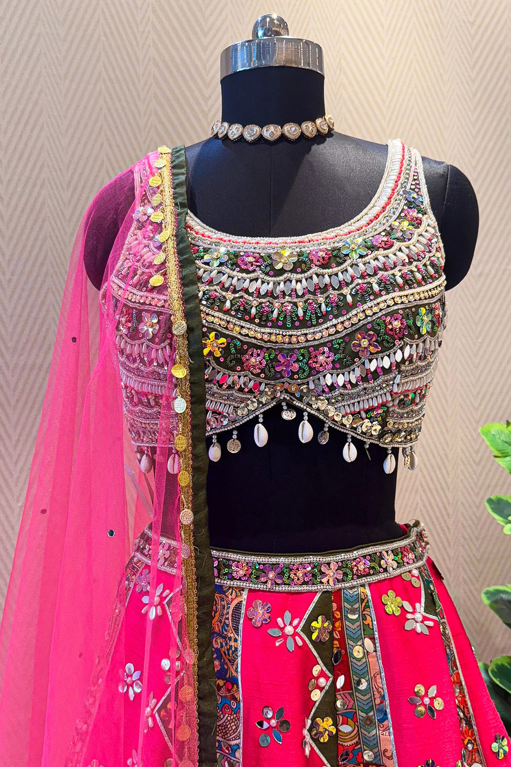 Rani Pink Raw Silk Kalamkari Printed Lehenga with Beads and Applique Work - pink silk saree kalamkari