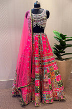 Rani Pink Raw Silk Kalamkari Printed Lehenga with Beads and Applique Work - pink silk saree kalamkari
