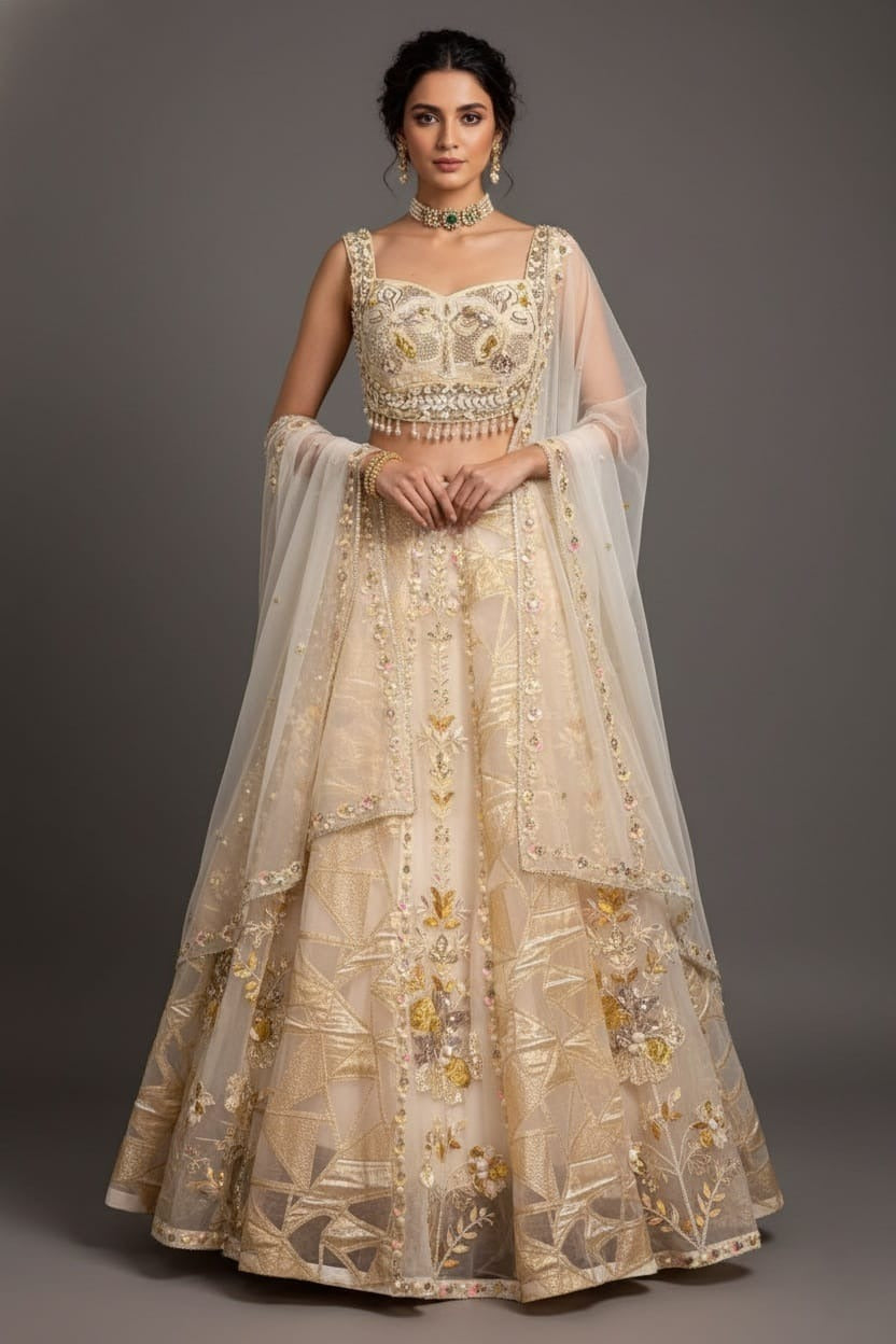 Off White Organza Designer Lehenga with Beads and Applique Work - white organza saree