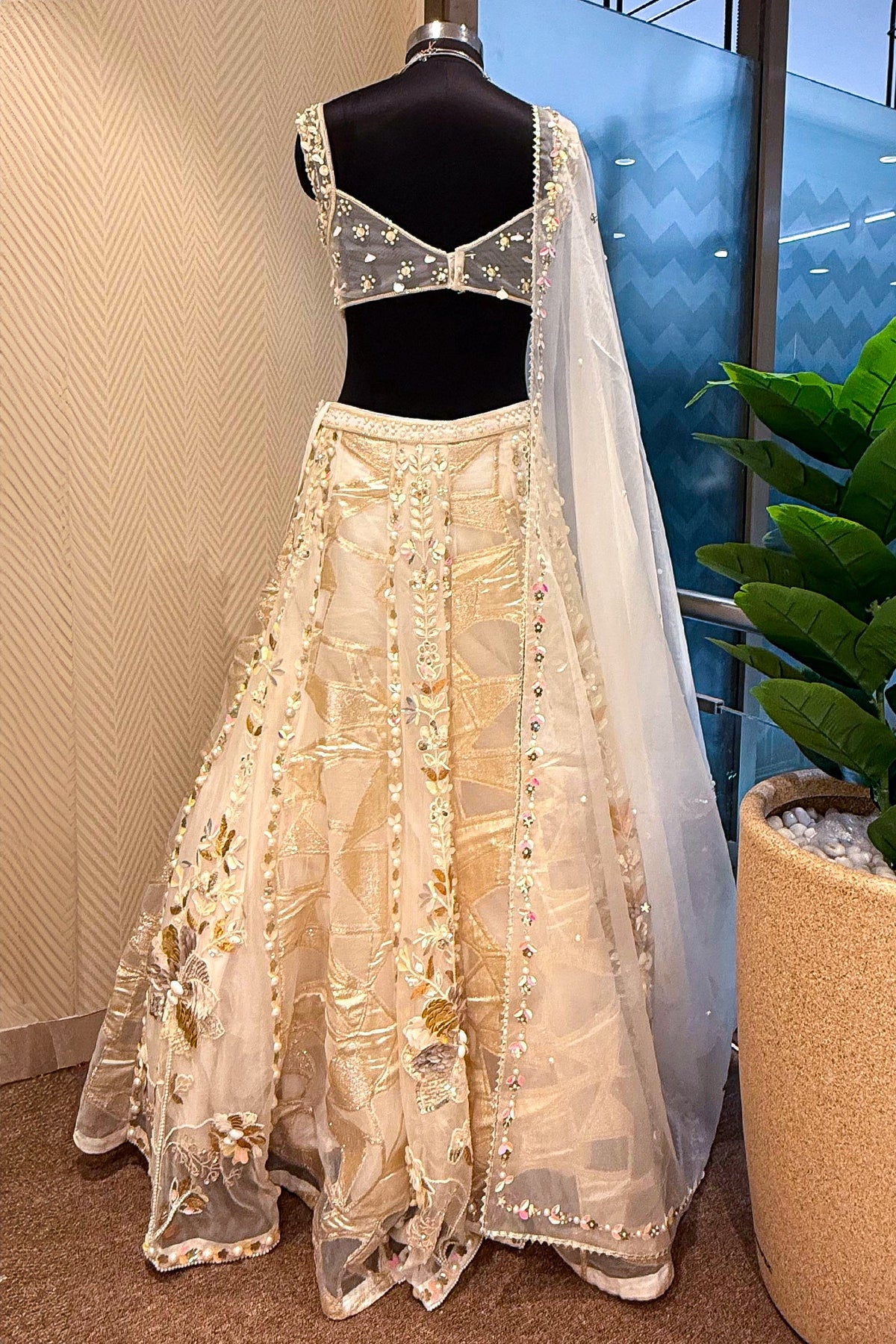 Off White Organza Designer Lehenga with Beads and Applique Work - white organza saree