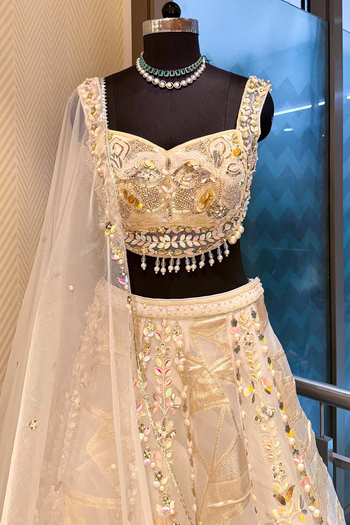 Off White Organza Designer Lehenga with Beads and Applique Work - white organza saree