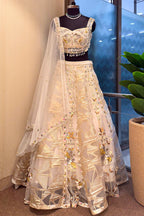 Off White Organza Designer Lehenga with Beads and Applique Work - white organza saree