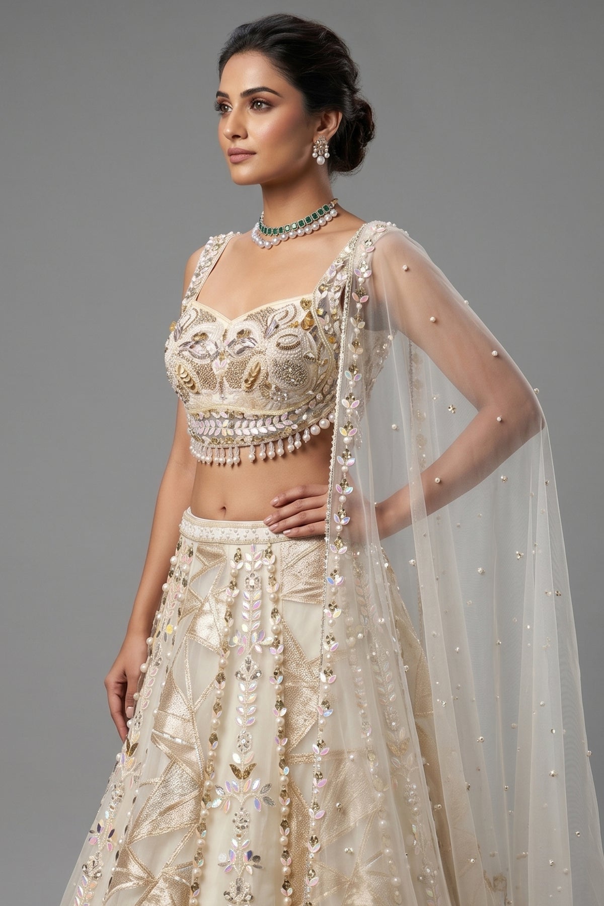 Off White Organza Designer Lehenga with Beads and Applique Work - white organza saree