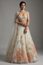 Mint Green Net Designer Floral Patch Worked Lehenga with Cape Dupatta - green net saree