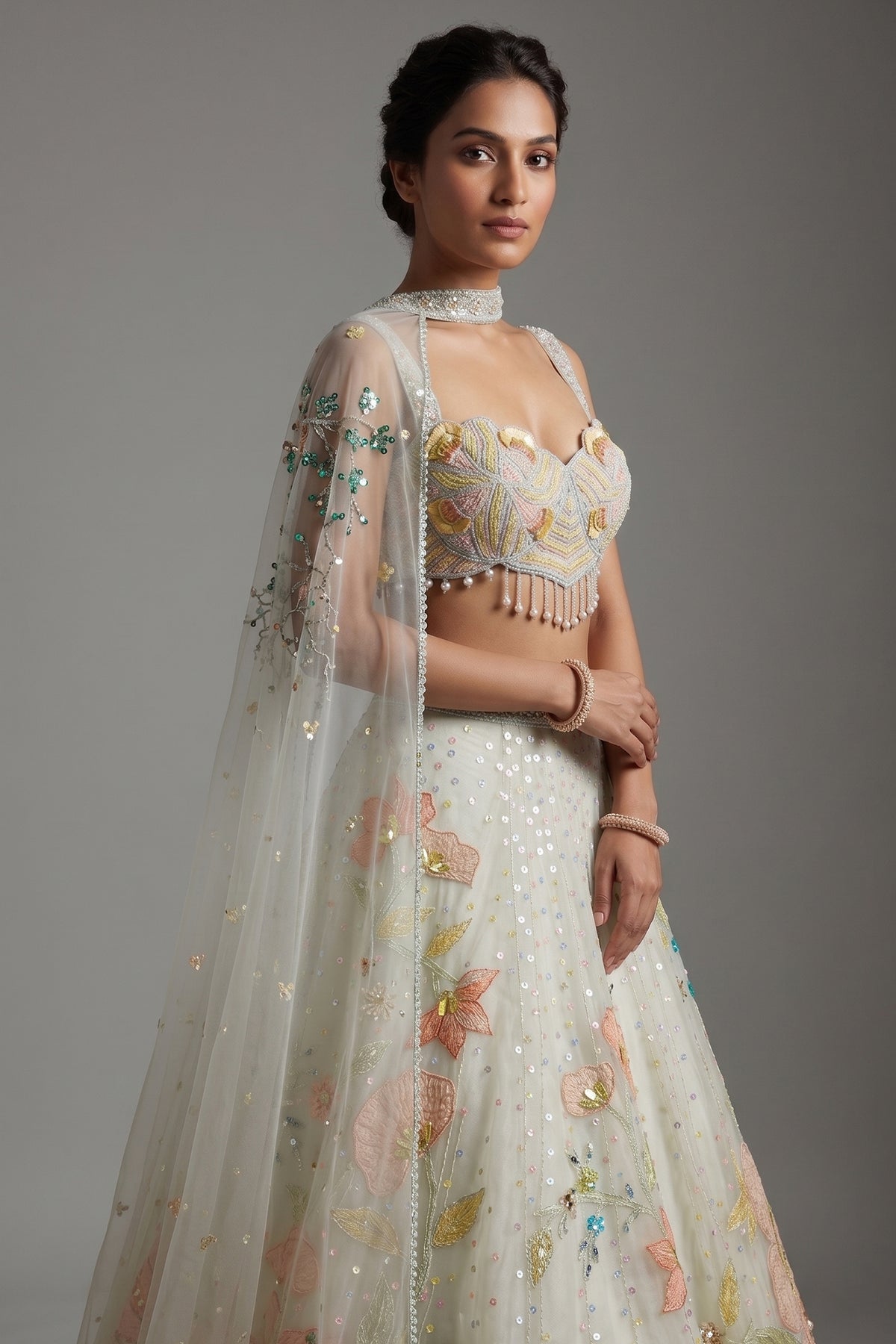 Mint Green Net Designer Floral Patch Worked Lehenga with Cape Dupatta - green net saree