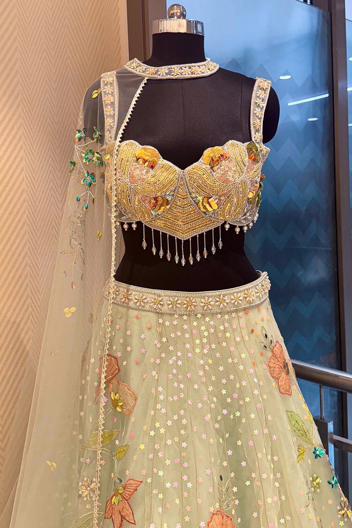 Mint Green Net Designer Floral Patch Worked Lehenga with Cape Dupatta - green net saree