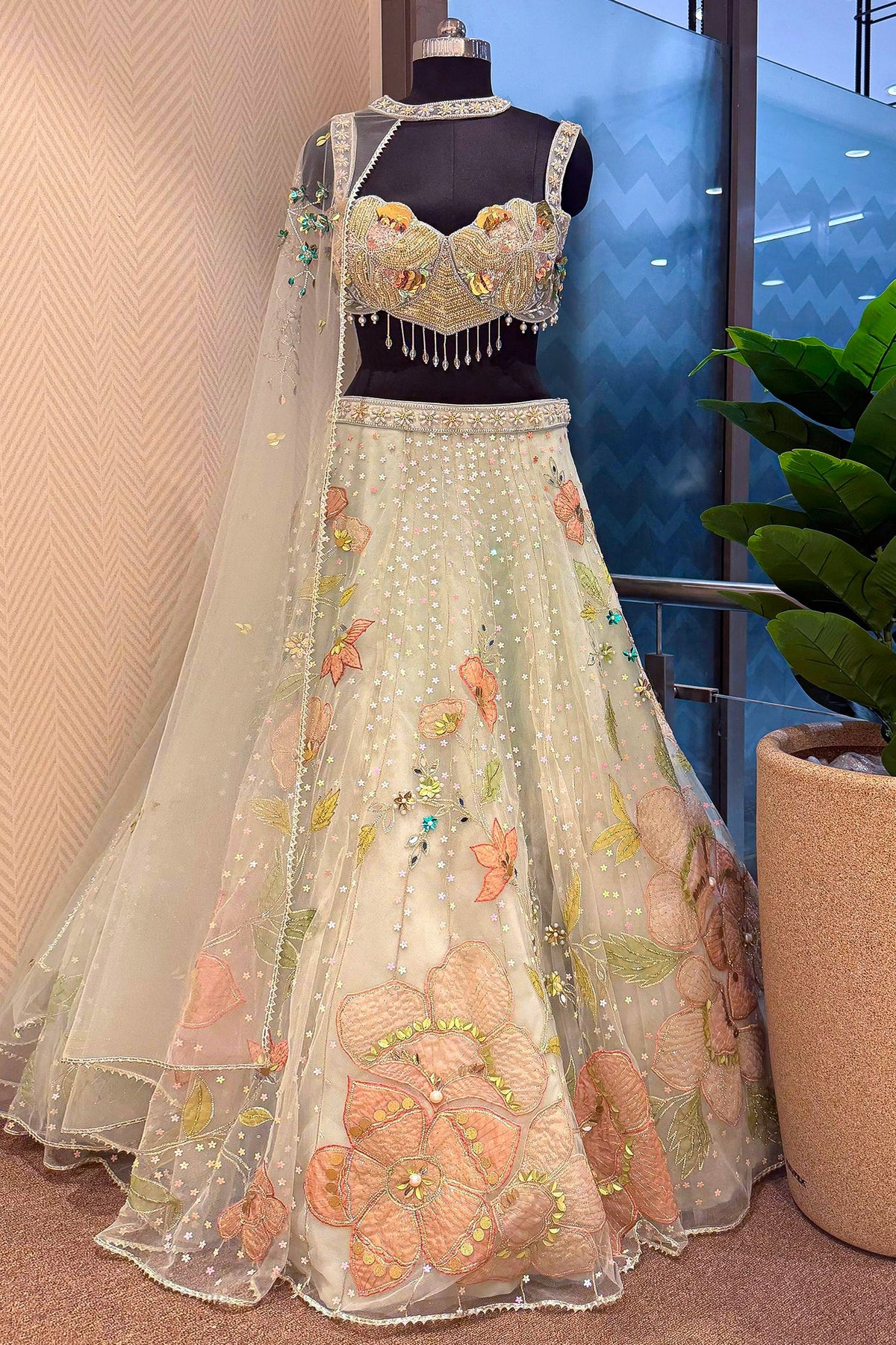 Mint Green Net Designer Floral Patch Worked Lehenga with Cape Dupatta - green net saree