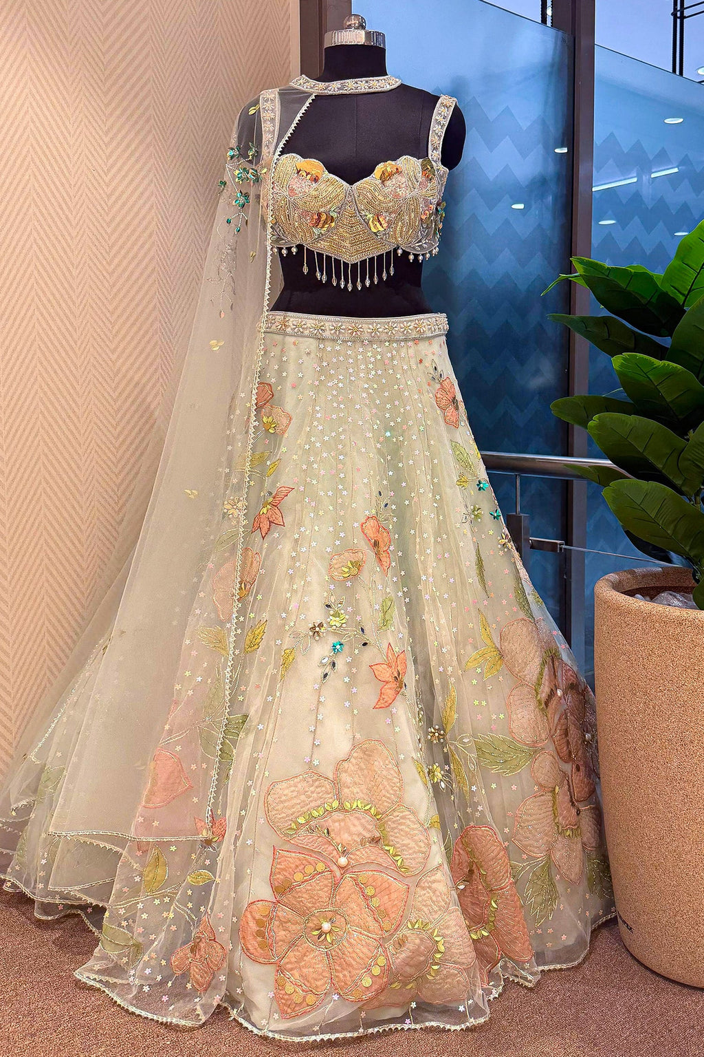 Mint Green Net Designer Floral Patch Worked Lehenga with Cape Dupatta - green net saree