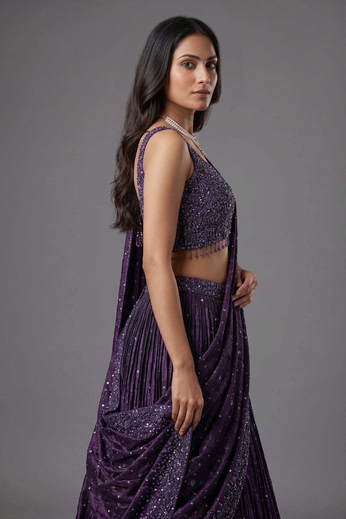 Purple Chinon Silk Sequin and Bead Work Lehenga with Attached Dupatta - purple silk saree