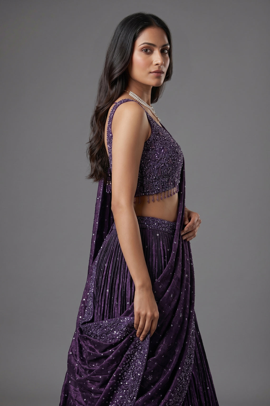 Purple Chinon Silk Sequin and Bead Work Lehenga with Attached Dupatta - purple silk saree