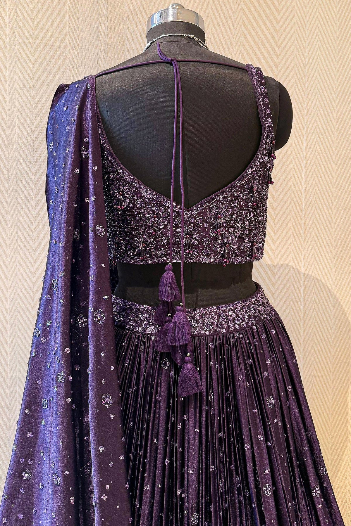 Purple Chinon Silk Sequin and Bead Work Lehenga with Attached Dupatta - purple silk saree