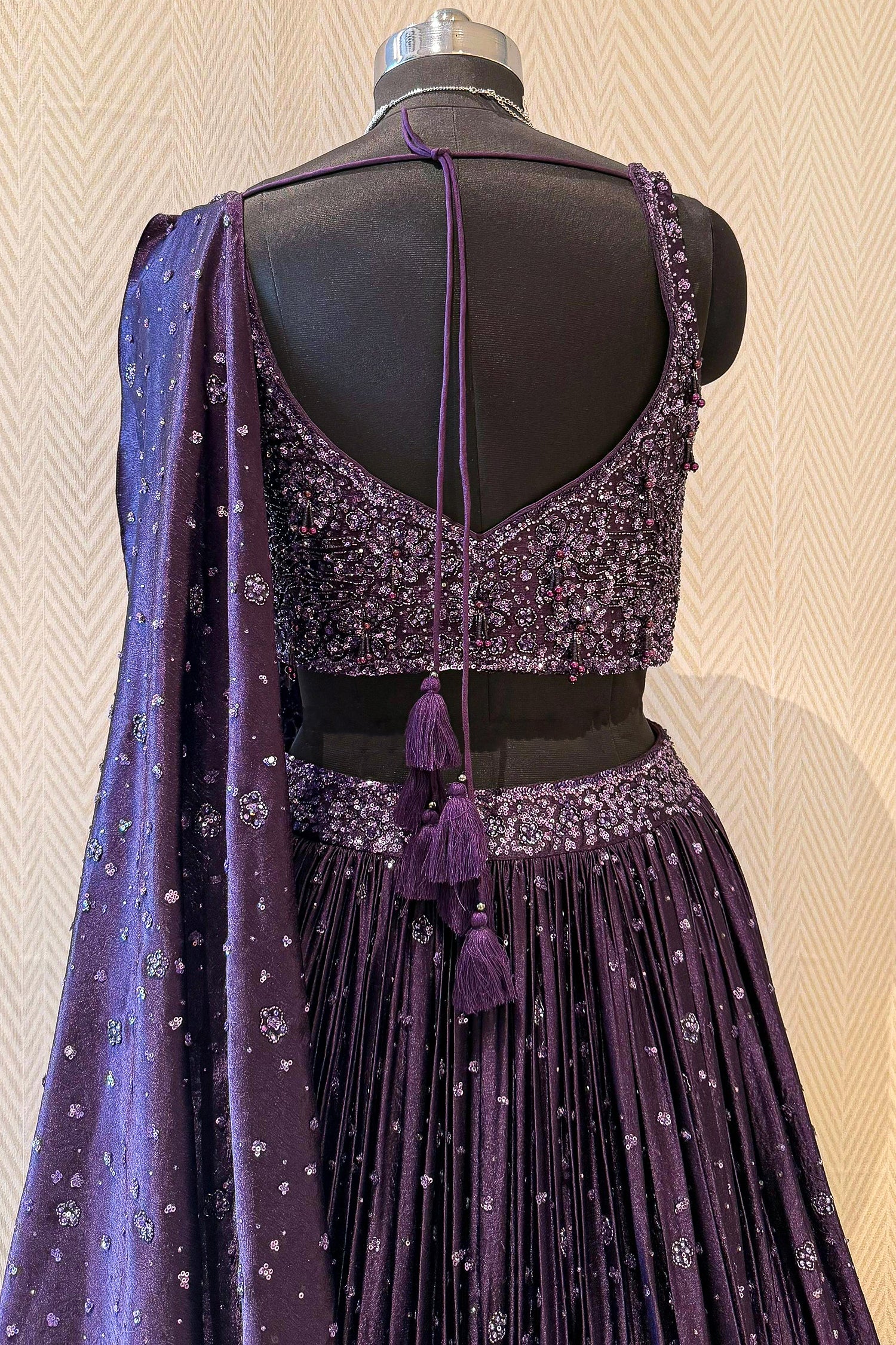 Purple Chinon Silk Sequin and Bead Work Lehenga with Attached Dupatta - purple silk saree