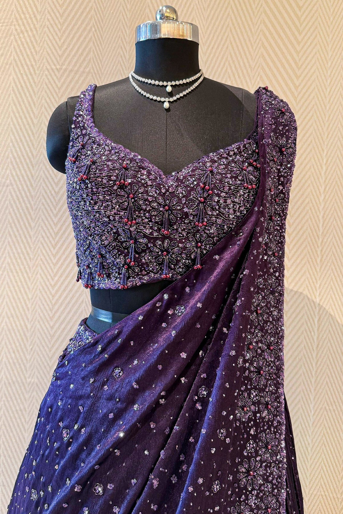 Purple Chinon Silk Sequin and Bead Work Lehenga with Attached Dupatta - purple silk saree
