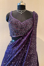 Purple Chinon Silk Sequin and Bead Work Lehenga with Attached Dupatta - purple silk saree