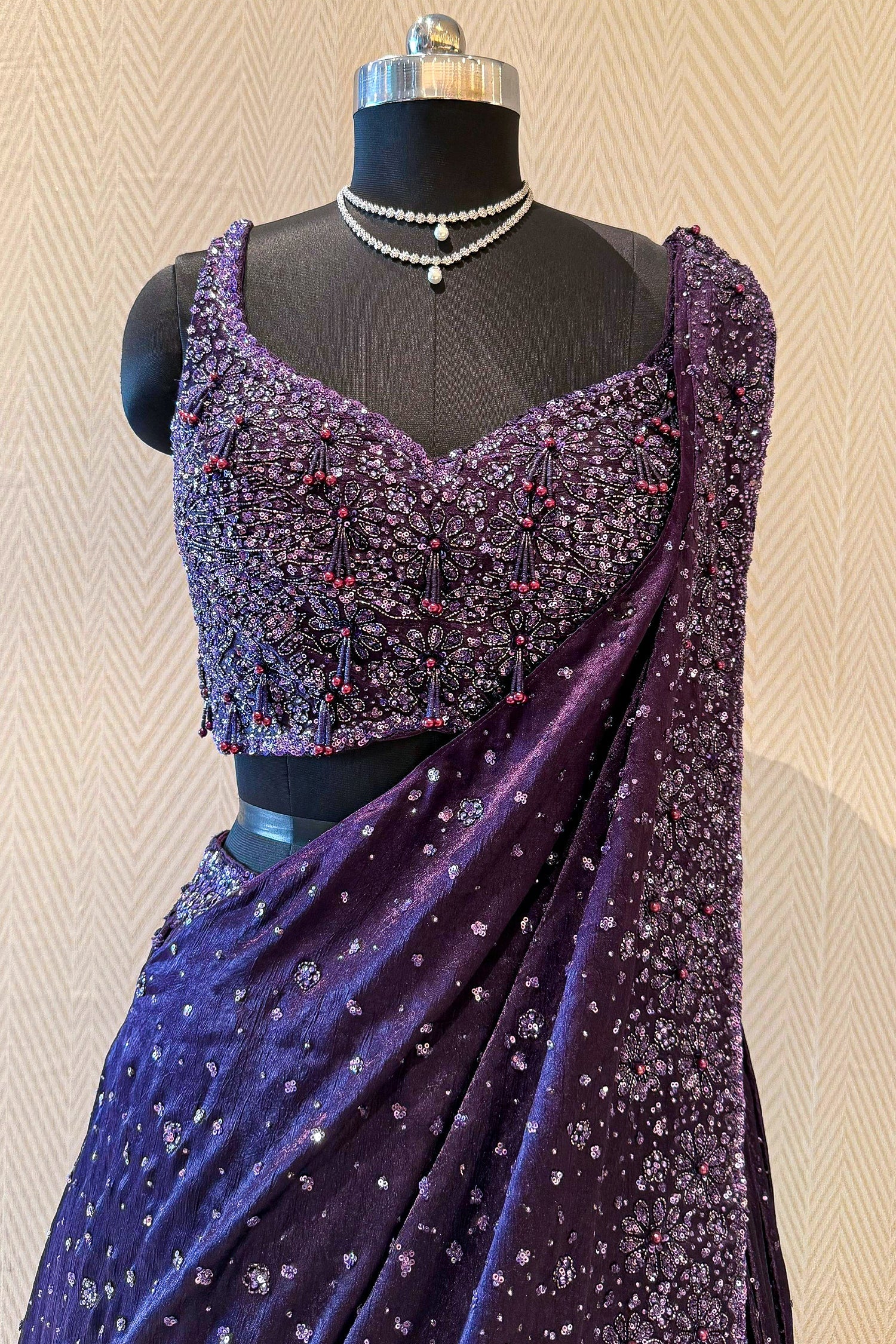 Purple Chinon Silk Sequin and Bead Work Lehenga with Attached Dupatta - purple silk saree