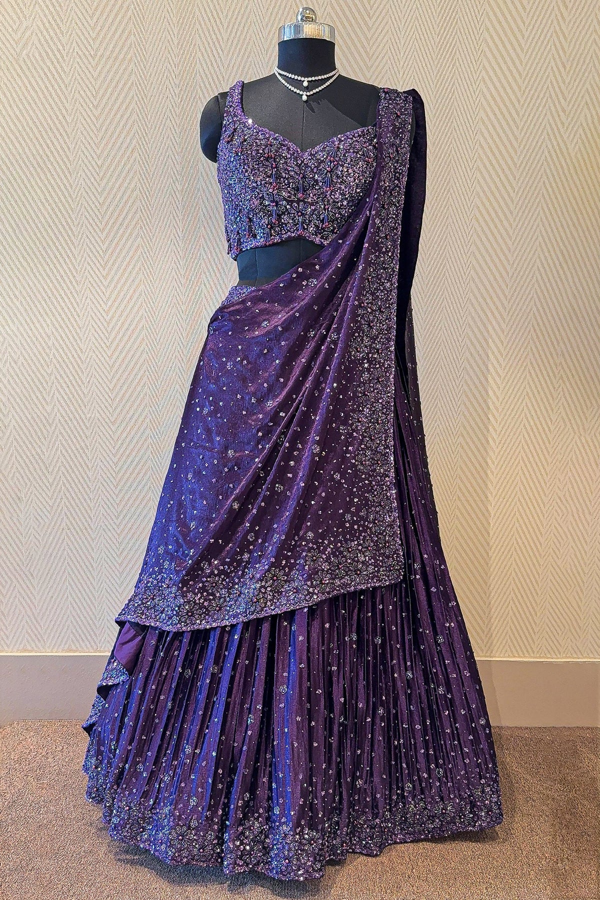Purple Chinon Silk Sequin and Bead Work Lehenga with Attached Dupatta - purple silk saree