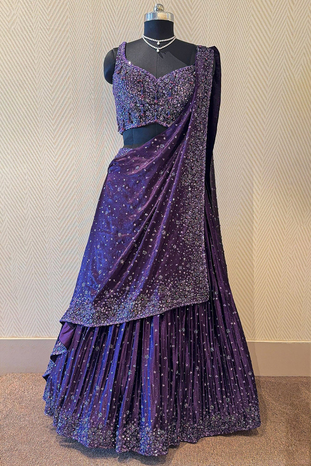 Purple Chinon Silk Sequin and Bead Work Lehenga with Attached Dupatta - purple silk saree