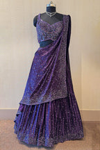 Purple Chinon Silk Sequin and Bead Work Lehenga with Attached Dupatta - purple silk saree