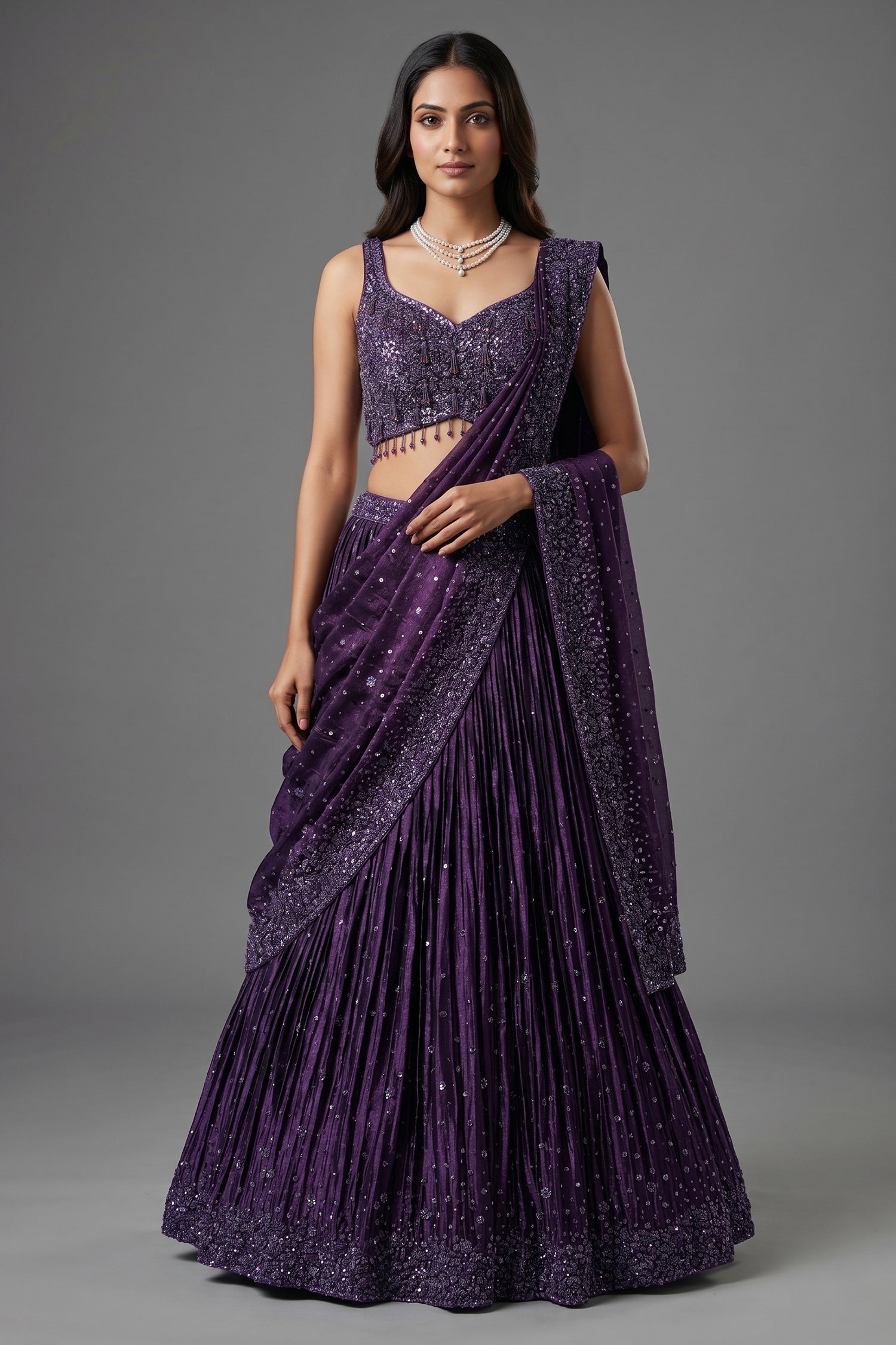 Purple Chinon Silk Sequin and Bead Work Lehenga with Attached Dupatta - purple silk saree
