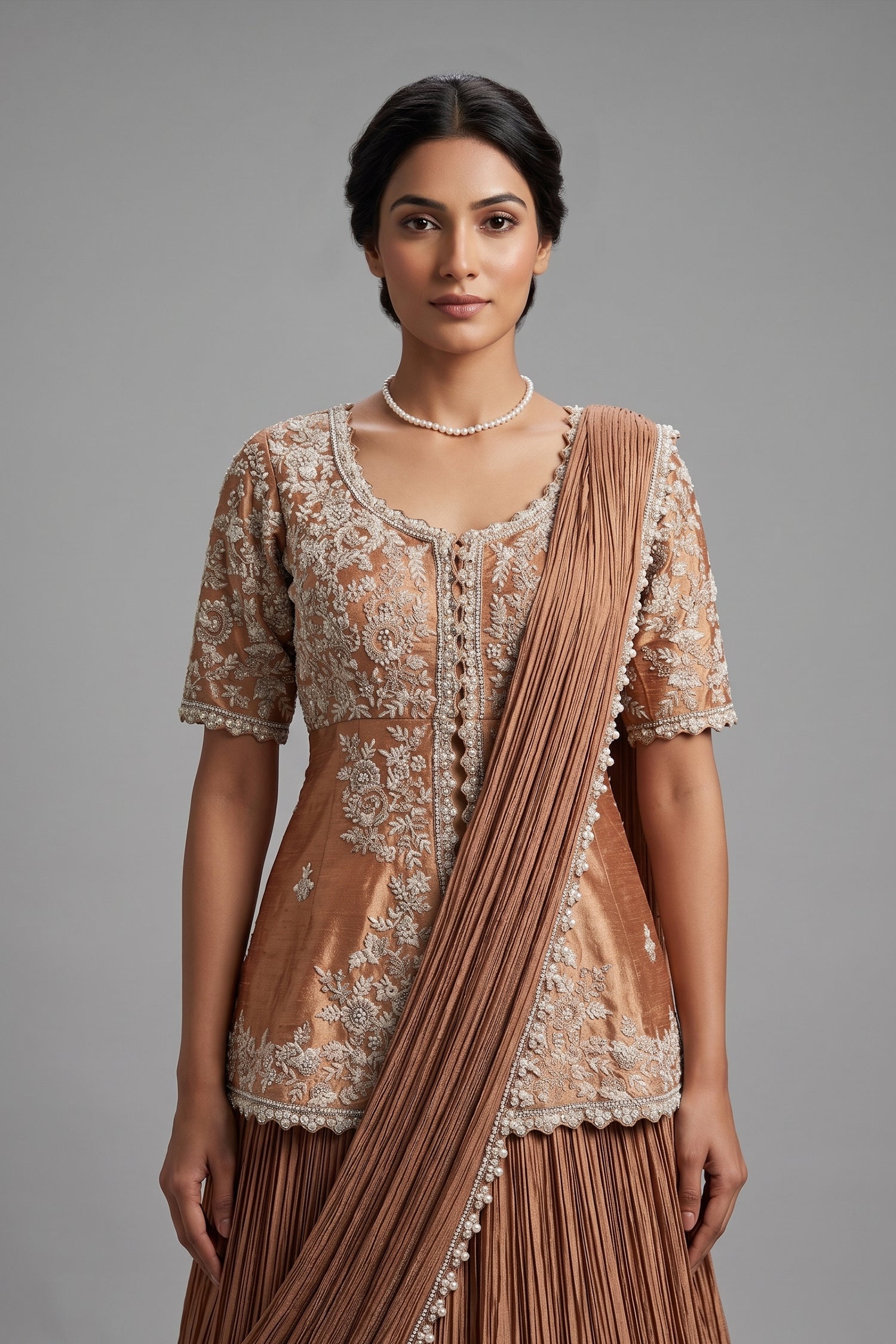 Chocolate Brown Crush Silk Lehenga with Sequin Cutdana Slit Top and Attached Dupatta - brown silk saree