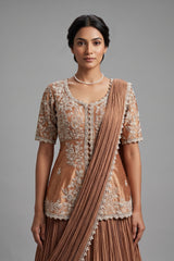 Chocolate Brown Crush Silk Lehenga with Sequin Cutdana Slit Top and Attached Dupatta - brown silk saree