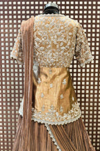 Chocolate Brown Crush Silk Lehenga with Sequin Cutdana Slit Top and Attached Dupatta - brown silk saree