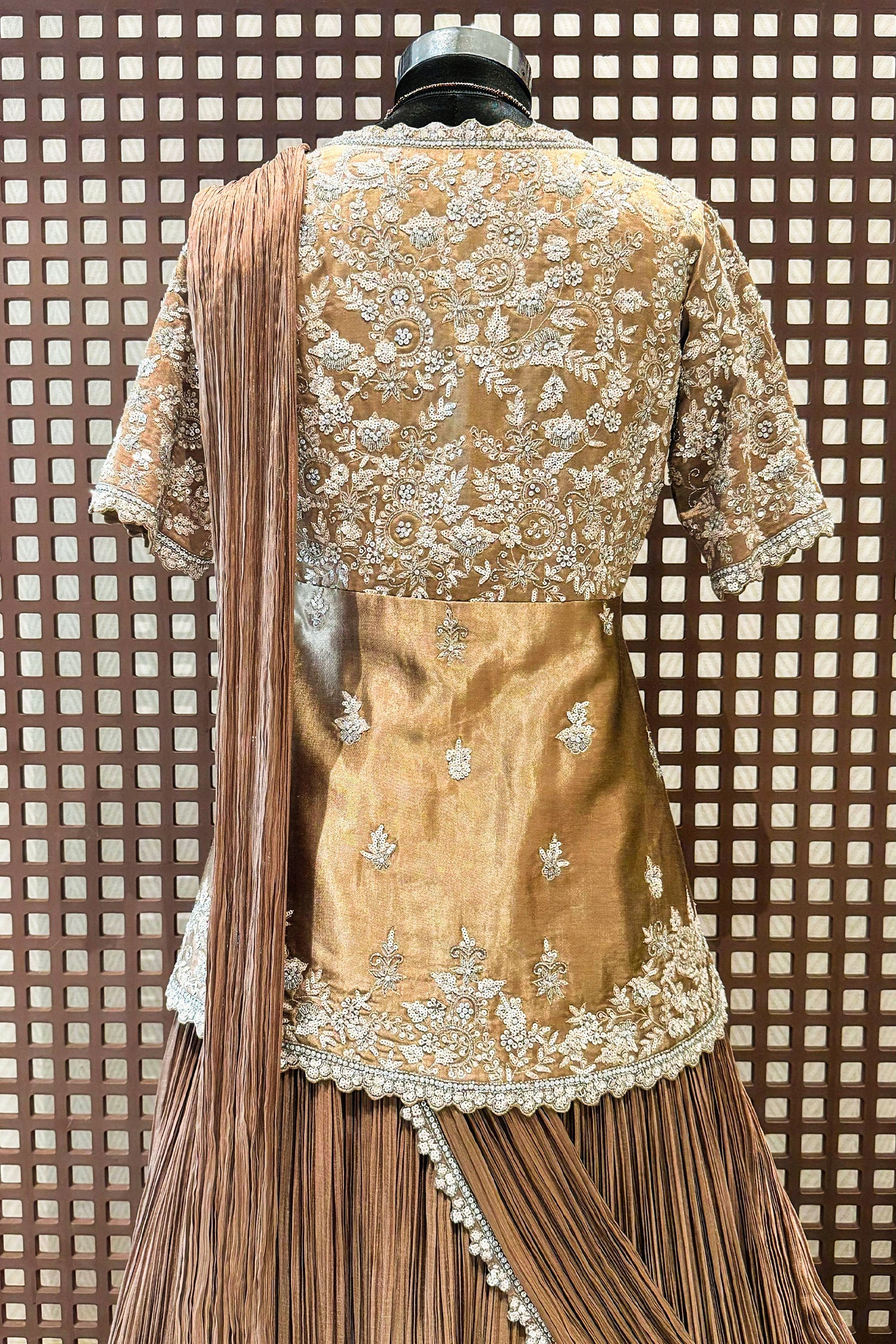 Chocolate Brown Crush Silk Lehenga with Sequin Cutdana Slit Top and Attached Dupatta - brown silk saree