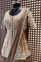 Chocolate Brown Crush Silk Lehenga with Sequin Cutdana Slit Top and Attached Dupatta - brown silk saree