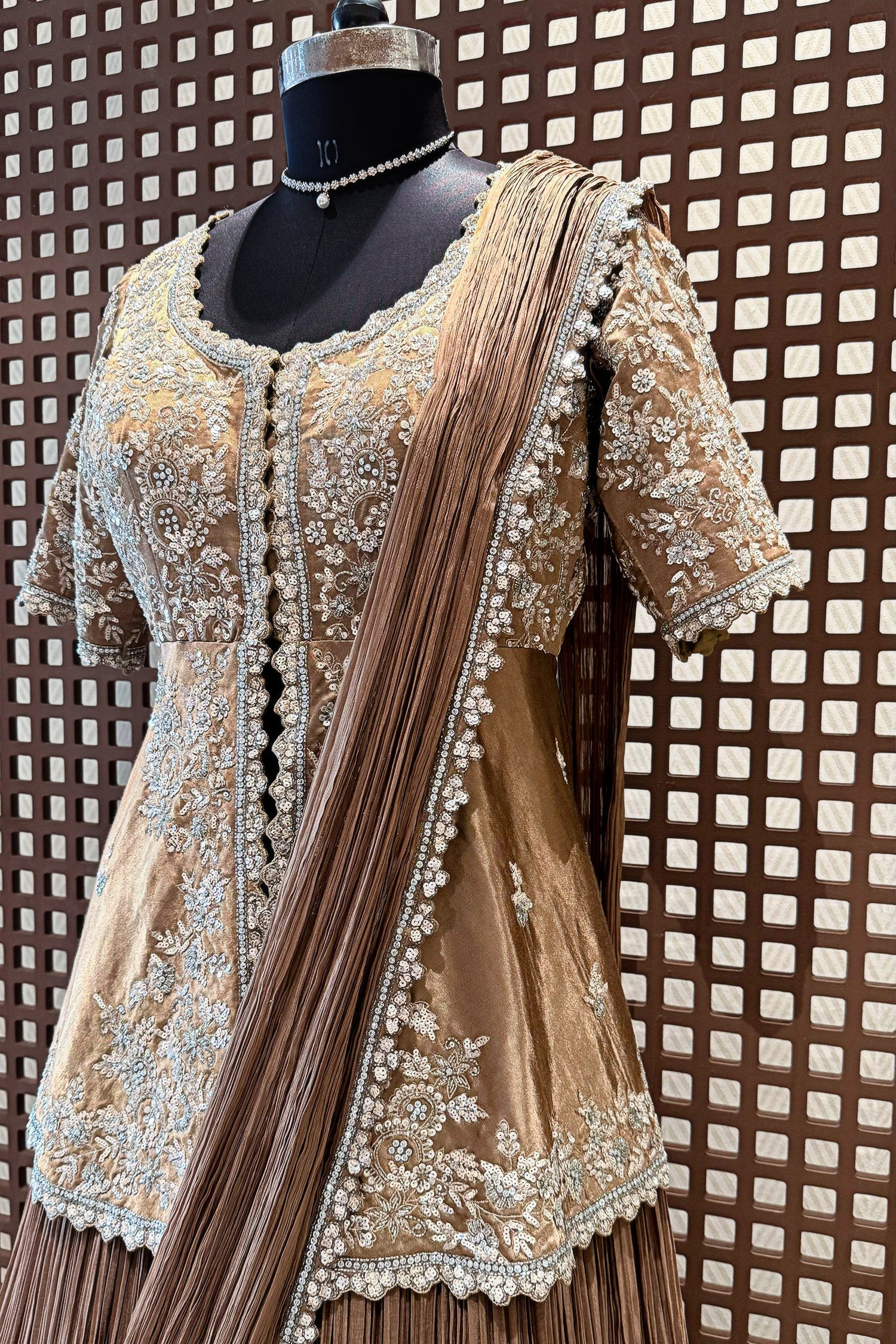 Chocolate Brown Crush Silk Lehenga with Sequin Cutdana Slit Top and Attached Dupatta - brown silk saree