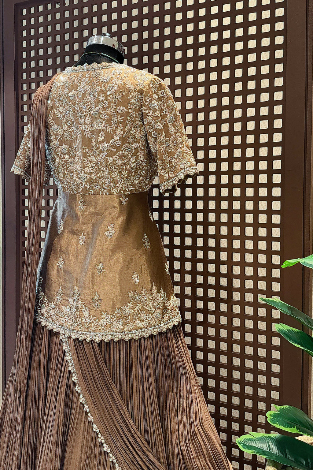 Chocolate Brown Crush Silk Lehenga with Sequin Cutdana Slit Top and Attached Dupatta - brown silk saree