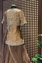 Chocolate Brown Crush Silk Lehenga with Sequin Cutdana Slit Top and Attached Dupatta - brown silk saree