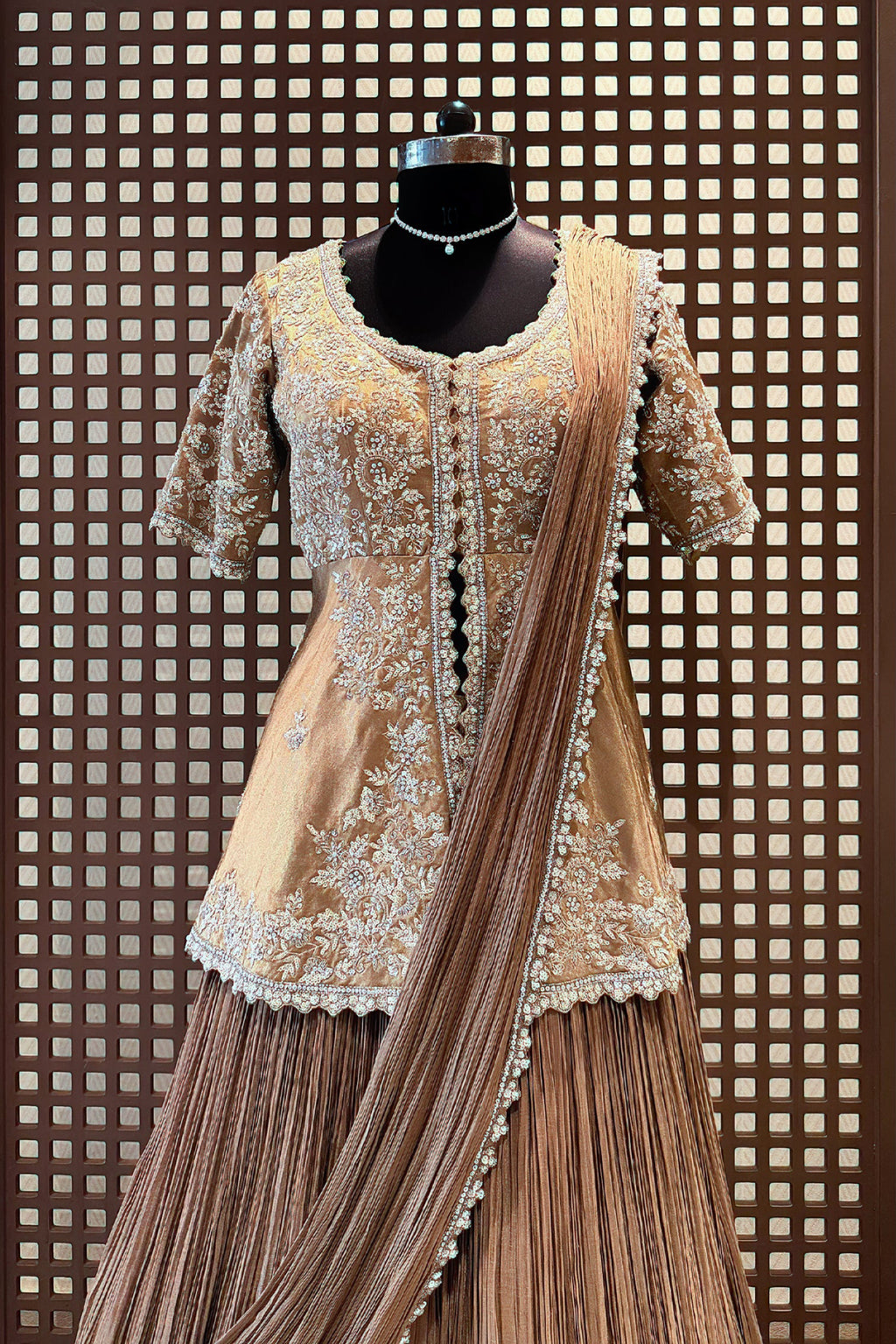 Chocolate Brown Crush Silk Lehenga with Sequin Cutdana Slit Top and Attached Dupatta - brown silk saree