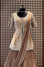 Chocolate Brown Crush Silk Lehenga with Sequin Cutdana Slit Top and Attached Dupatta - brown silk saree