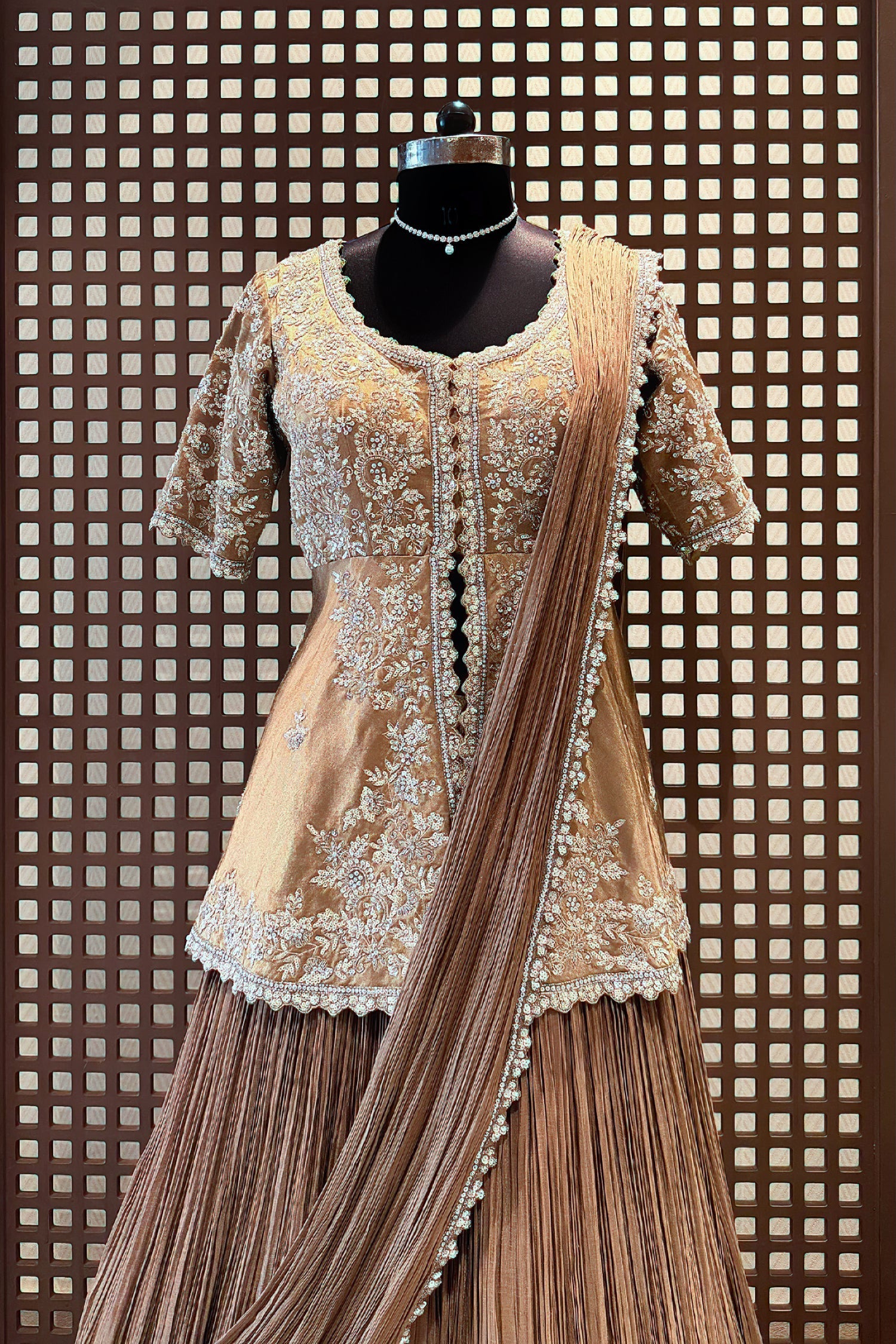 Chocolate Brown Crush Silk Lehenga with Sequin Cutdana Slit Top and Attached Dupatta - brown silk saree