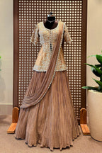 Chocolate Brown Crush Silk Lehenga with Sequin Cutdana Slit Top and Attached Dupatta - brown silk saree