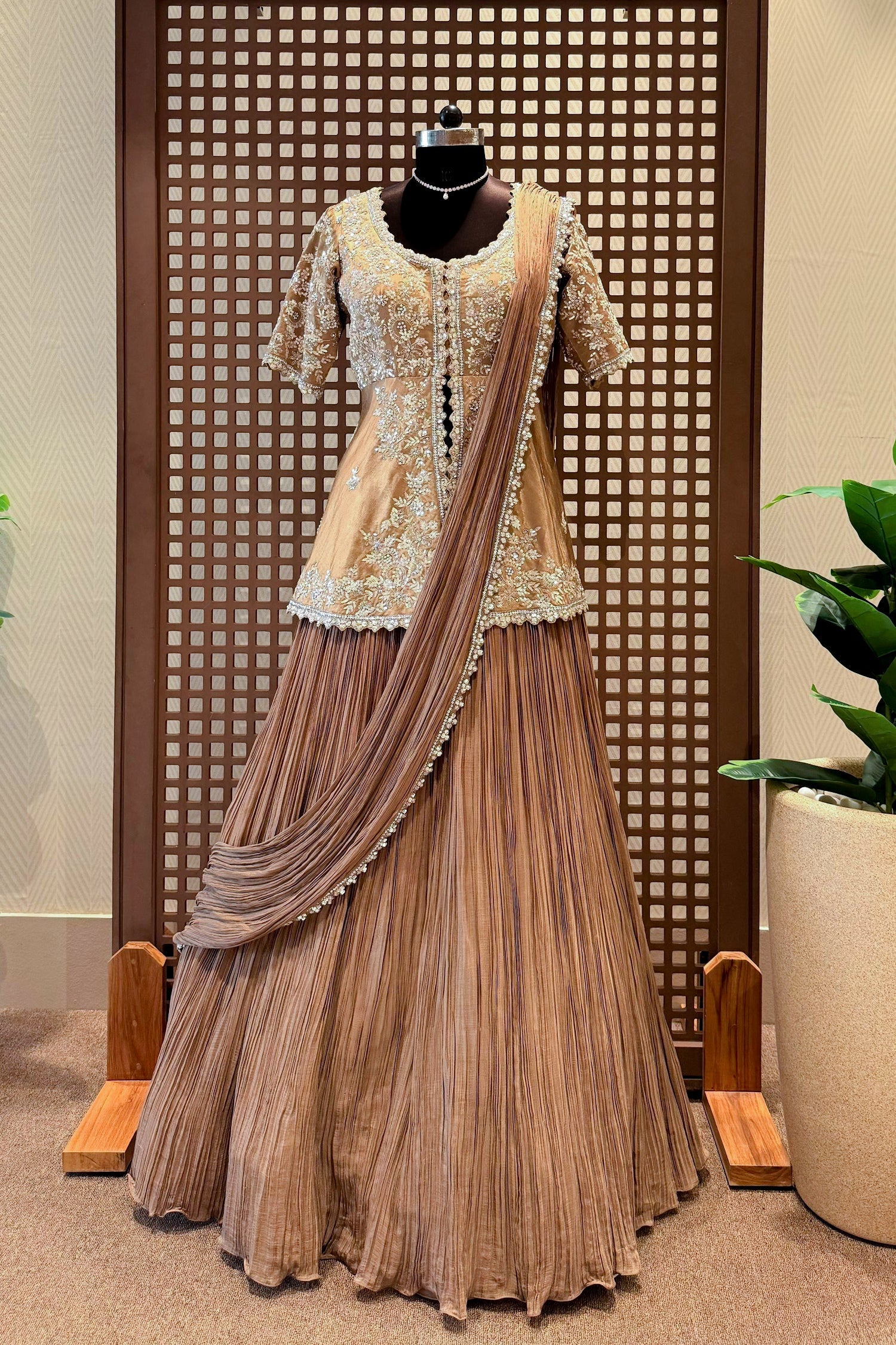 Chocolate Brown Crush Silk Lehenga with Sequin Cutdana Slit Top and Attached Dupatta - brown silk saree