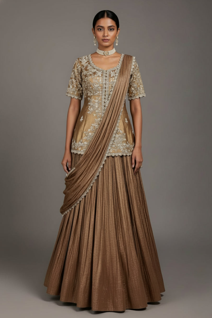 Chocolate Brown Crush Silk Lehenga with Sequin Cutdana Slit Top and Attached Dupatta - brown silk saree Main image